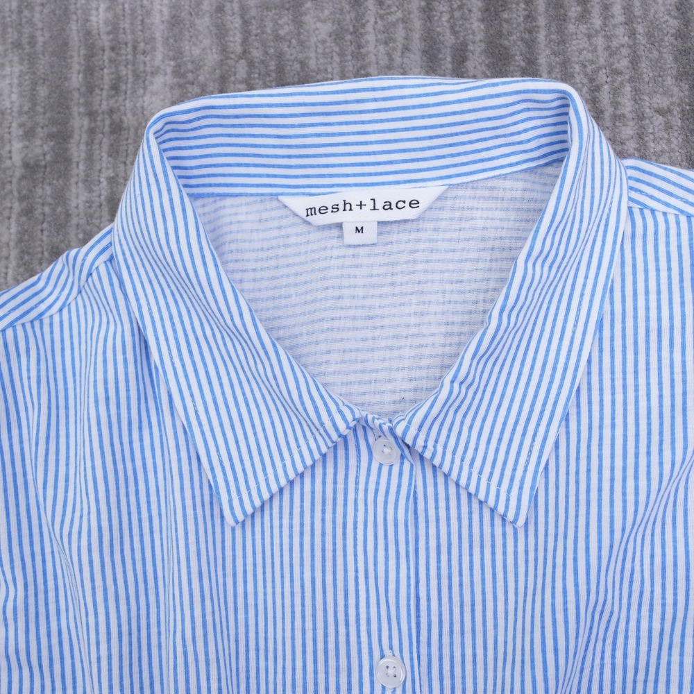 Mesh+Lace Blue White Striped Peplum Button Down Shirt Women Medium Short Sleeve - Picture 7 of 10